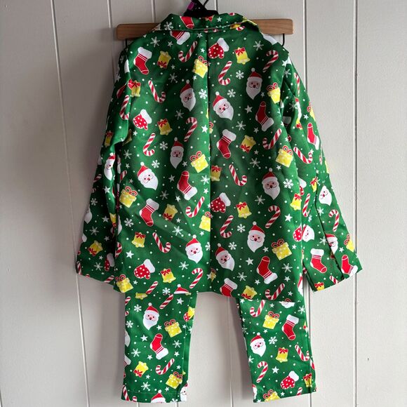 Boys M 8/10 Green Christmas Santa Print 2-Piece Holiday Suit Jacket & Pants - Picture 3 of 11